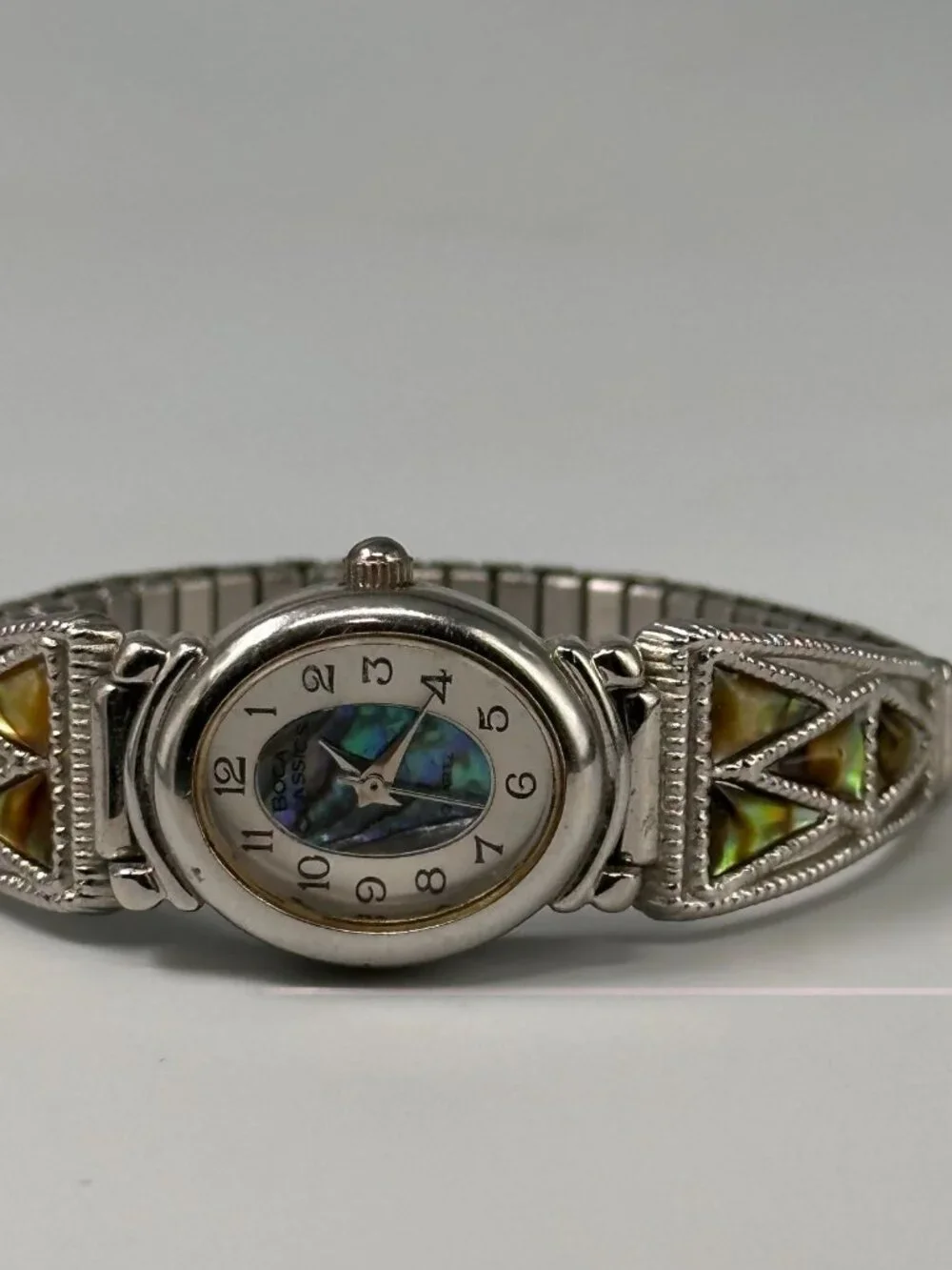Boca Classics Watch Women Silver Tone Abalone Stretch Band New Battery 6.25